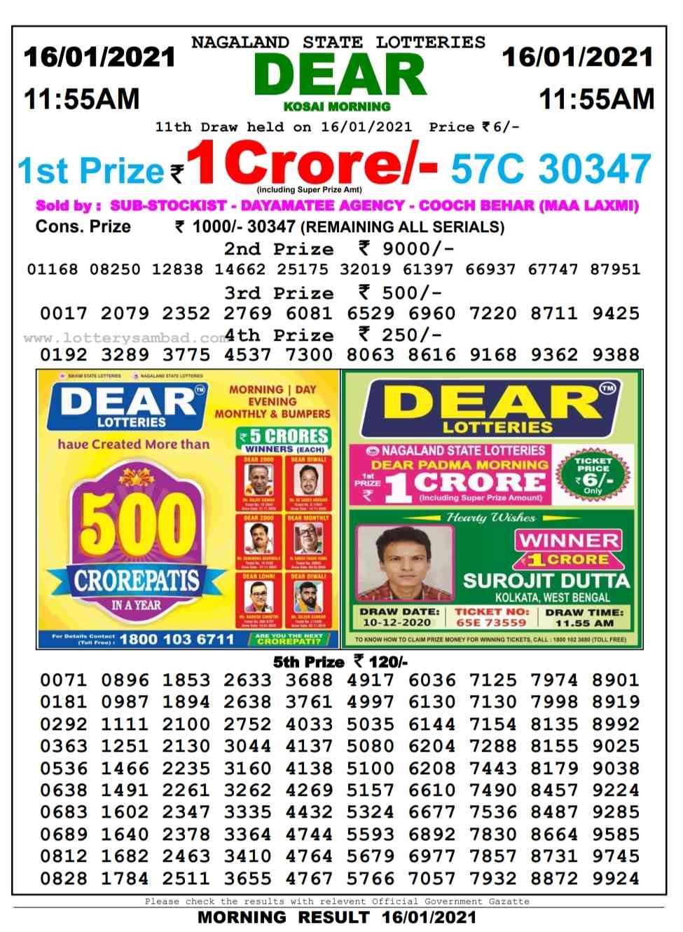 Sikkim Lottery Sambad 11.55 AM Result on 16.1.2021