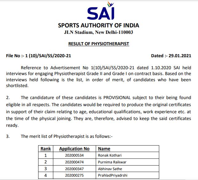 Sports Authority of India Physiotherapist Result 2021