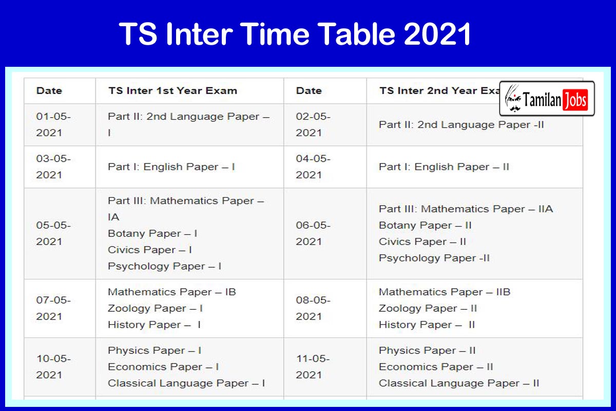 TS Inter Time Table 2021