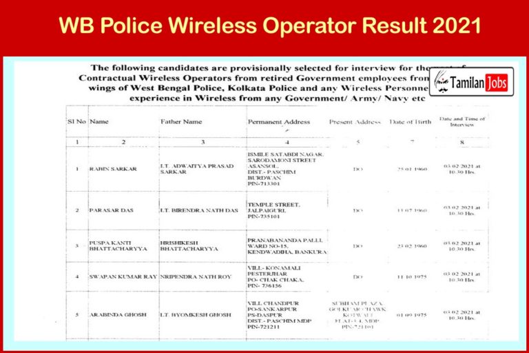 WB Police Wireless Operator Result 2021