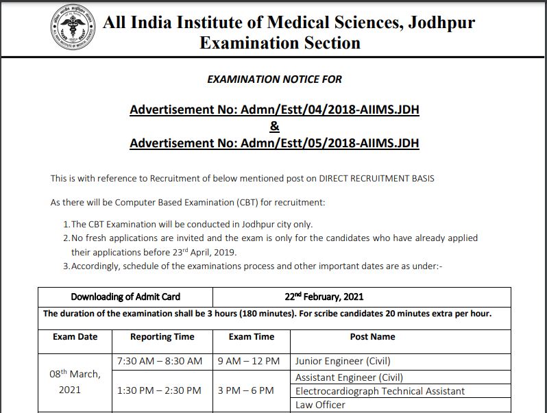 AIIMS Jodhpur Exam Schedule 2021