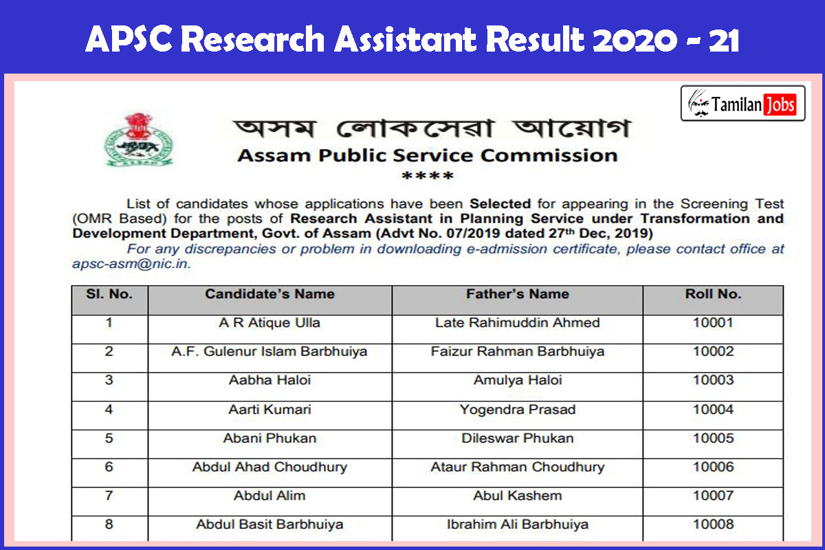 APSC Research Assistant Result 2020 - 21