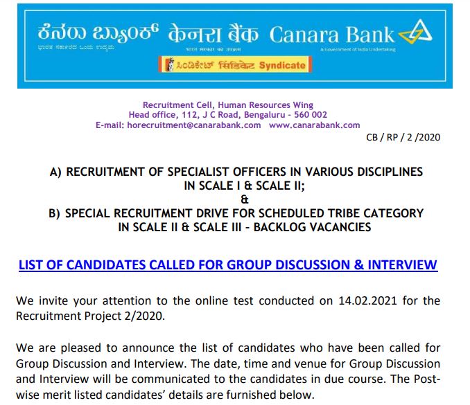 Canara Bank SO Result 2021