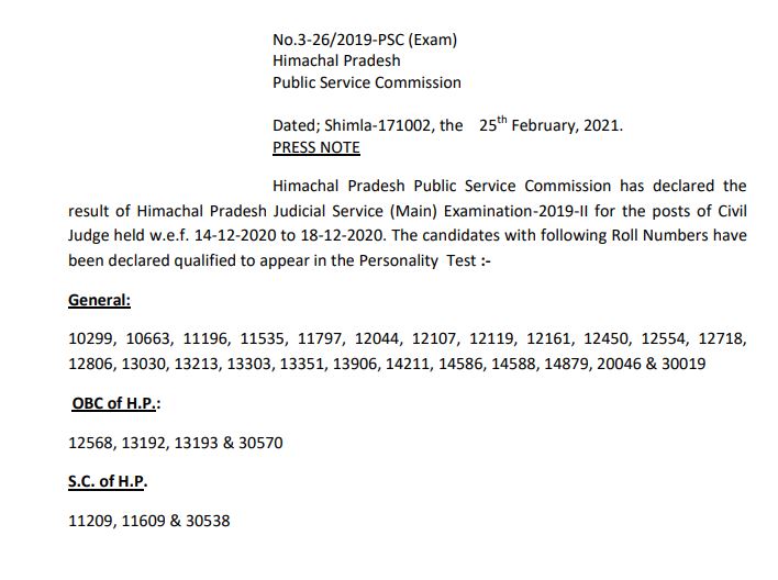 HPPSC Judicial Services Result 2021