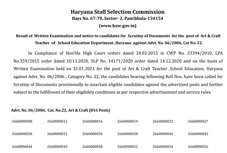 HSSC Art and Craft Teacher Result 2021