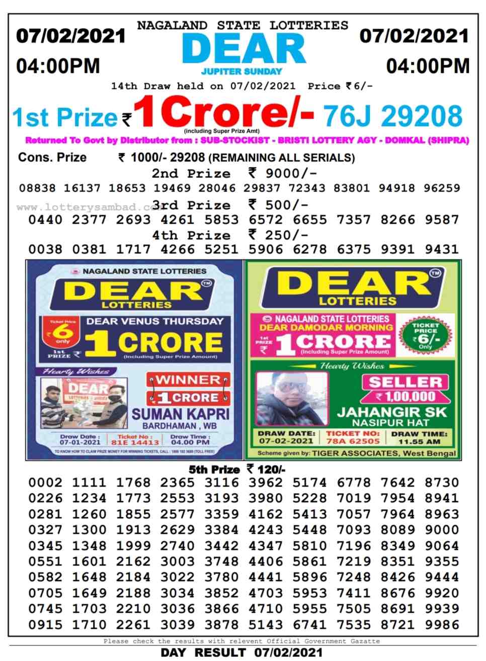 Sikkim Lottery Sambad 4 PM Result on 7.2.2021