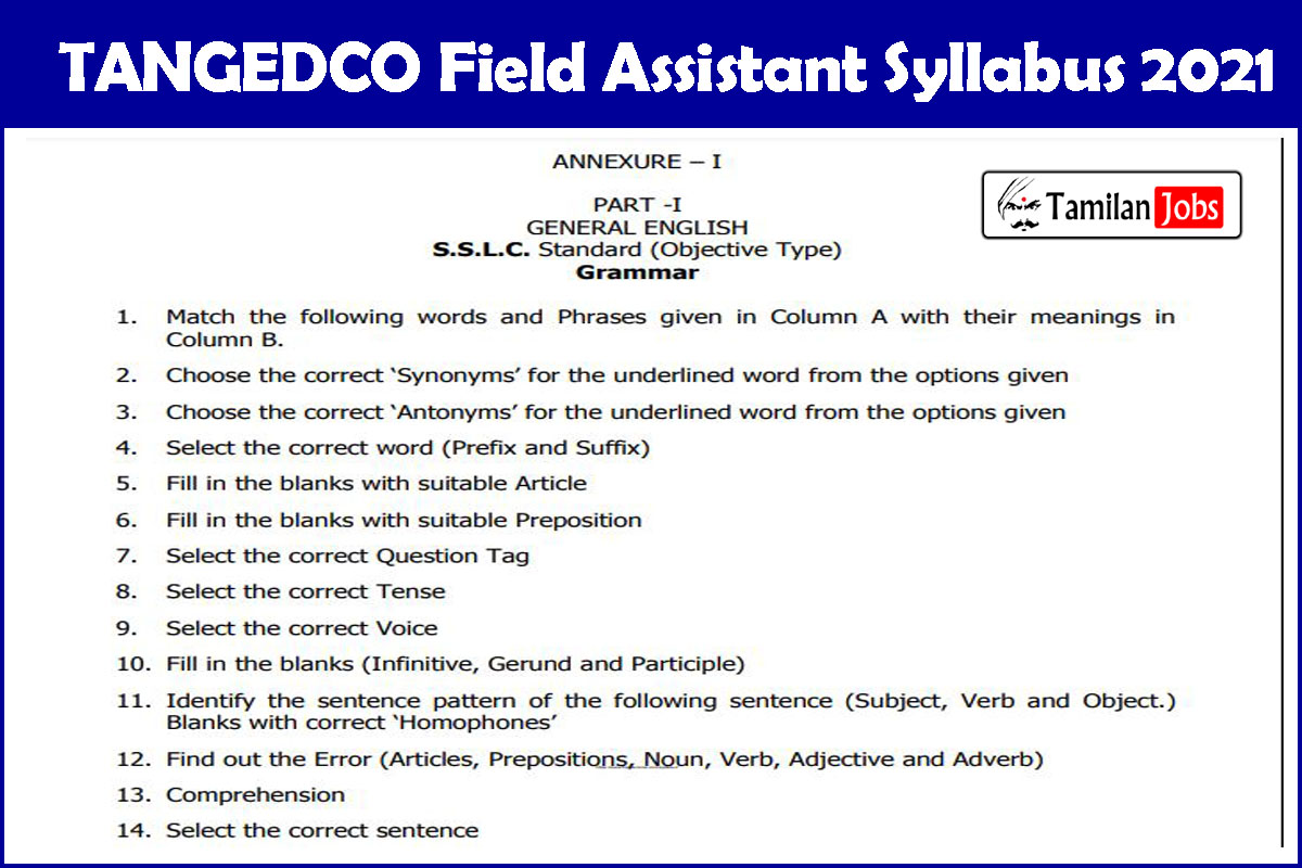 Tneb Tangedco Field Assistant Syllabus 2021