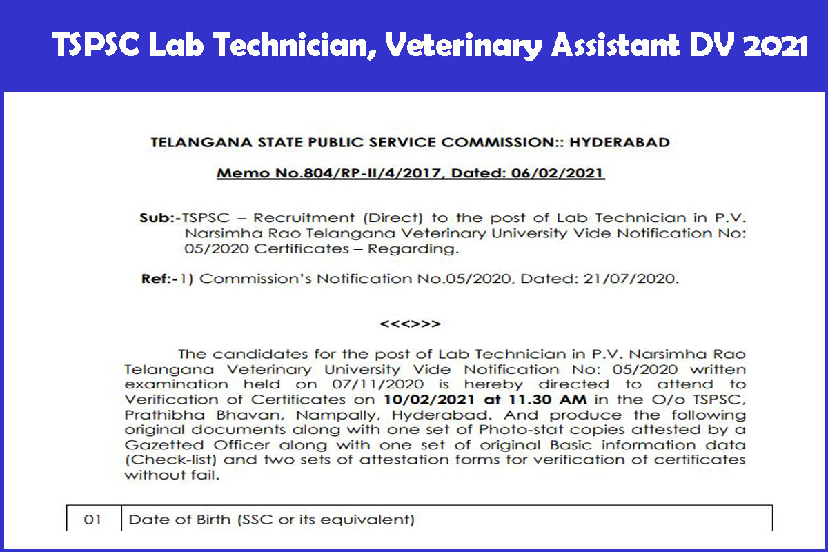 TSPSC Lab Technician, Veterinary Assistant DV 2021