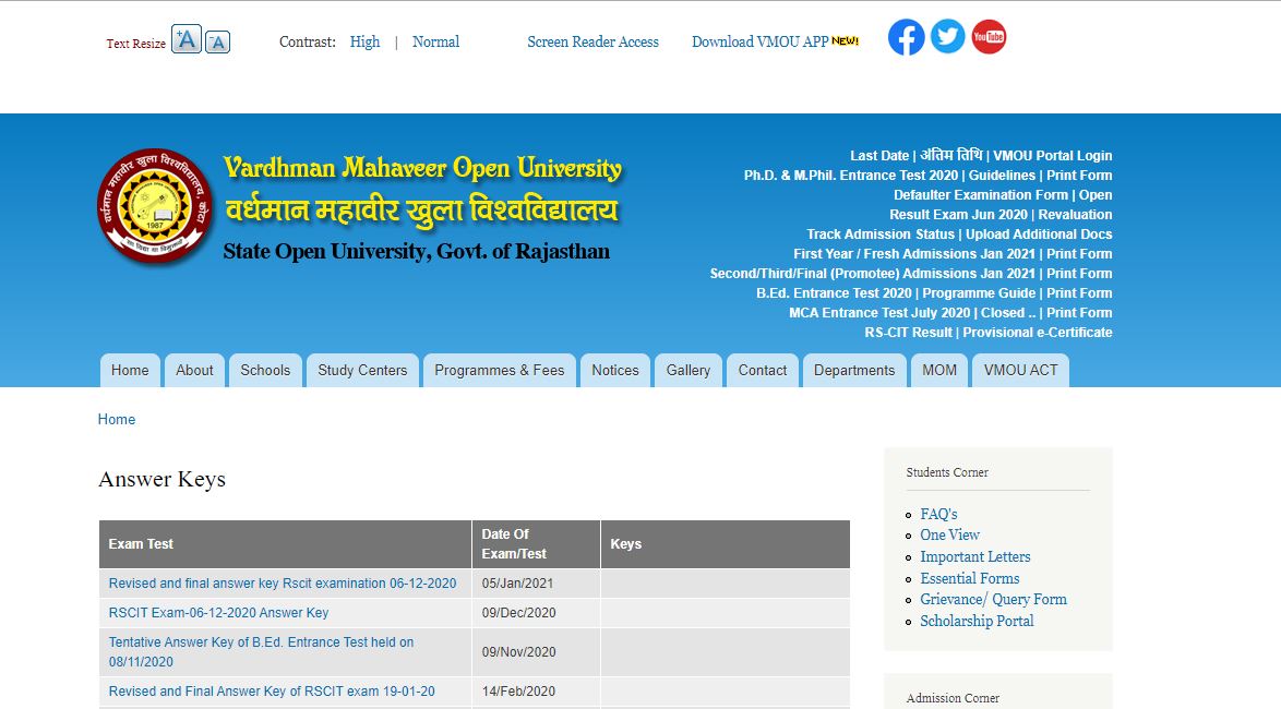 VMOU RSCIT Answer Key 2021