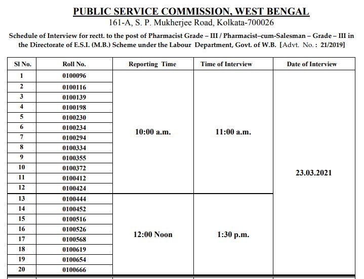 WBPSC Interview Schedule 2021 (Out) for Pharmacist/Salesman Grade 3 @ wbpsc.gov.in