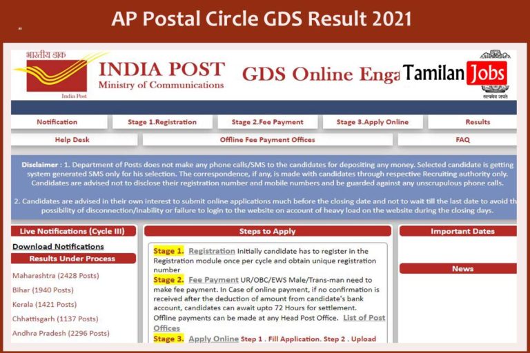 AP Postal Circle GDS Result 2021