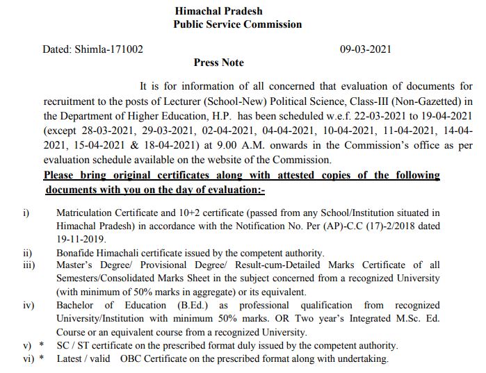 HPPSC Document Evaluation Schedule 2021