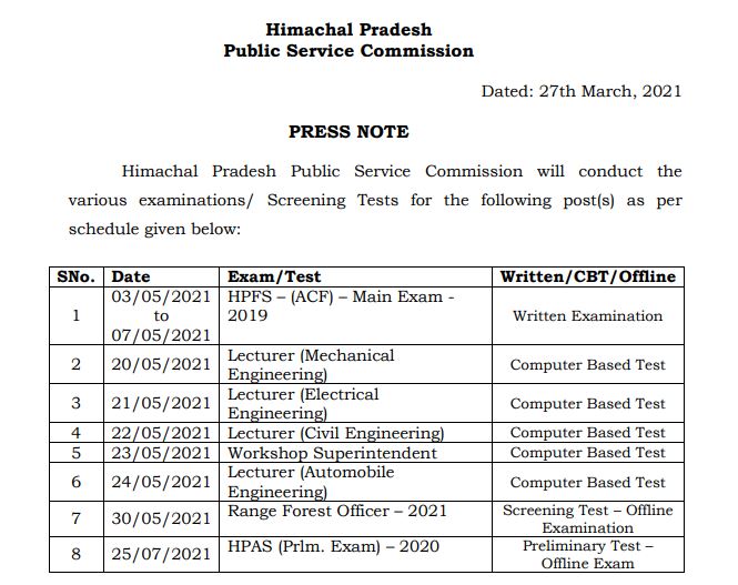 HPPSC Exam Calendar 2021