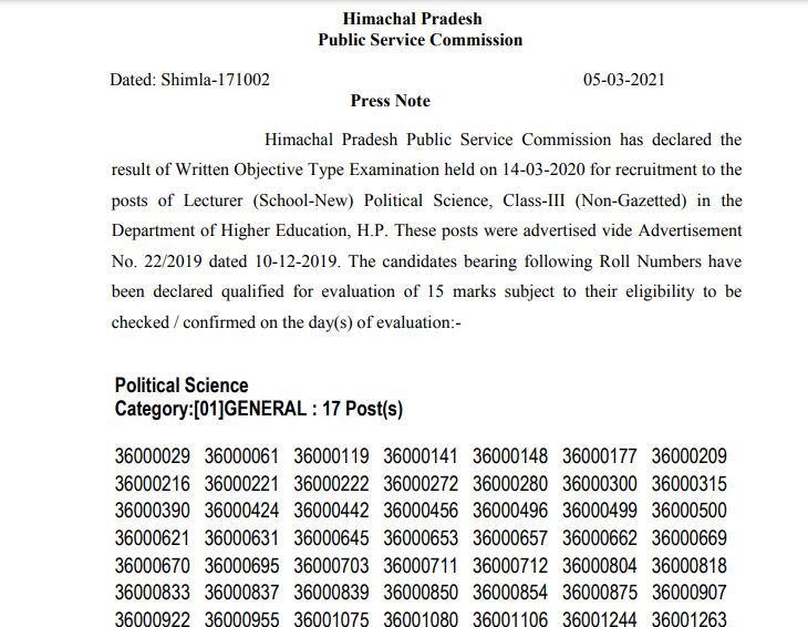 HPPSC Lecturer Result 2021