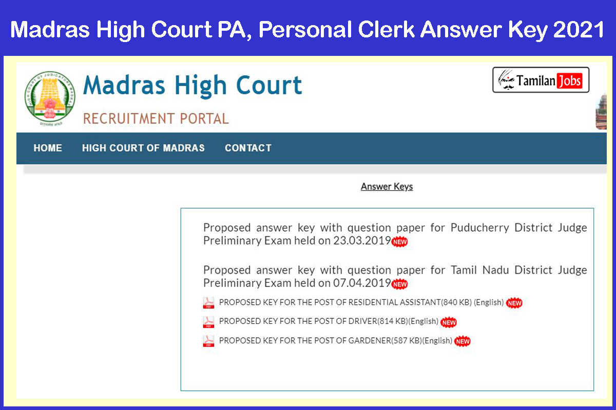 Madras High Court Personal Assistant, Personal Clerk Answer Key 2021