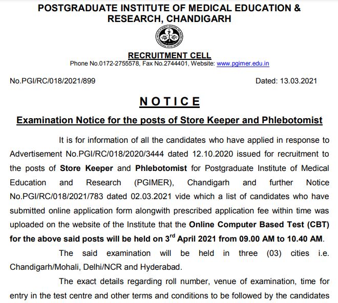 Pgimer Store Keeper Exam Date 2021