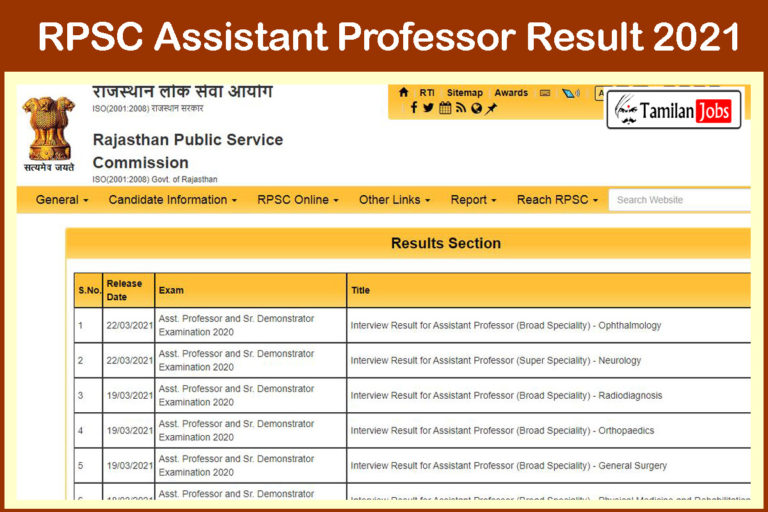RPSC Assistant Professor Result 2021