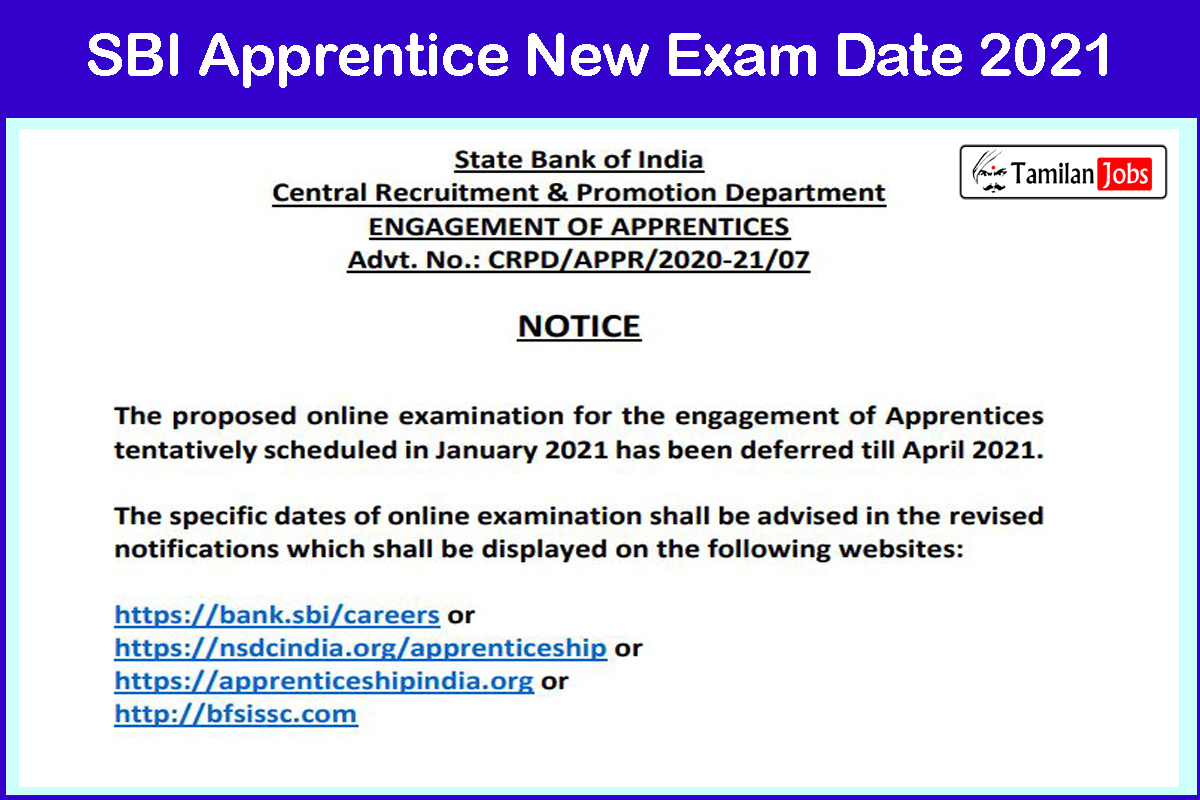 SBI Apprentice New Exam Date 2021