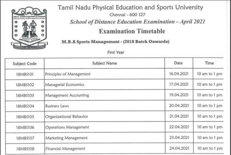 TNPESU Exam Time Table 2021