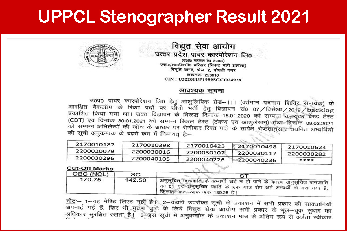 UPPCL Stenographer Result 2021