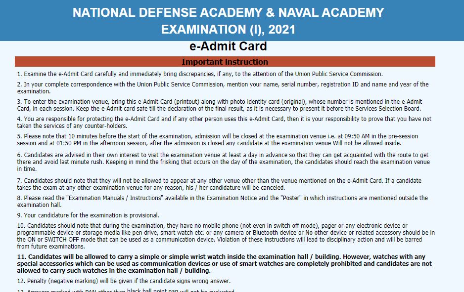 UPSC NDA Admit Card 2021