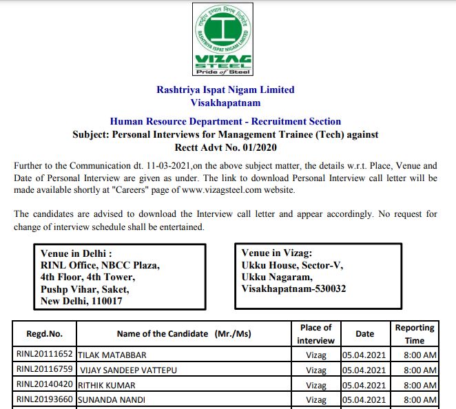 VIZAG Steel Interview Schedule 2021