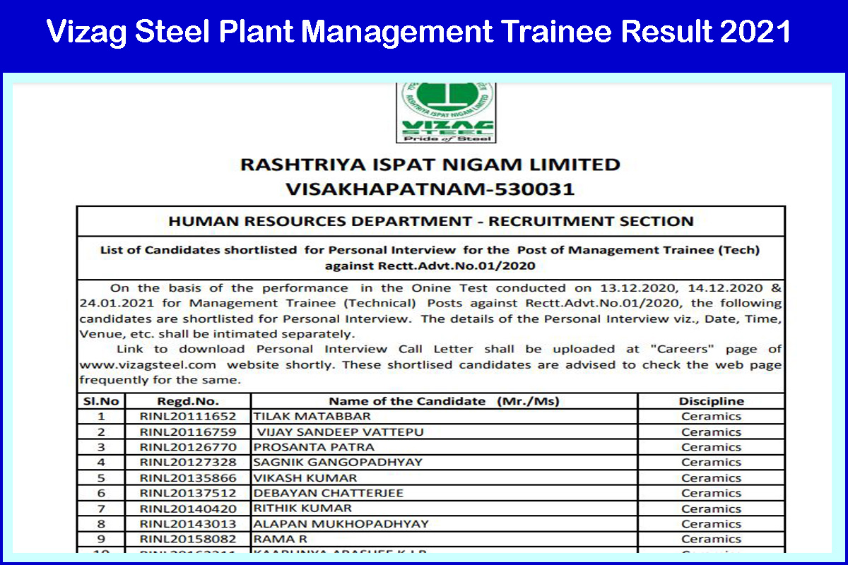 Vizag Steel Plant Management Trainee Result 2021