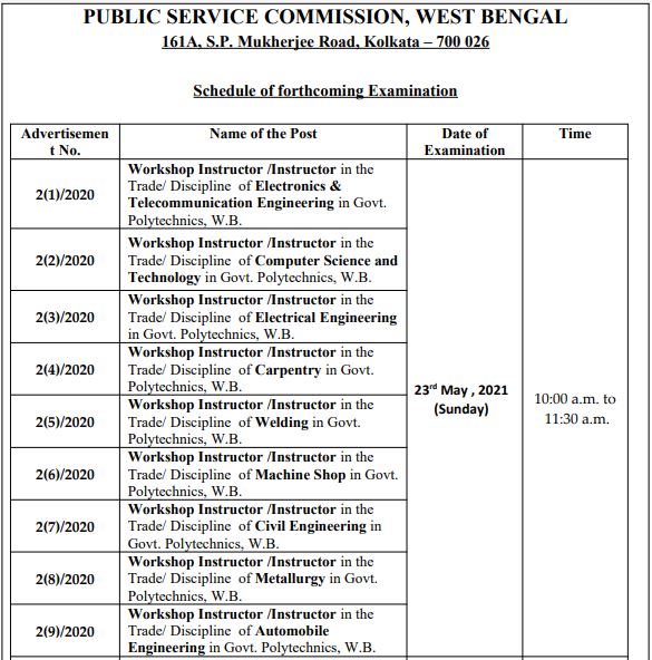 Wbpsc Exam Calendar 2021 Pdf