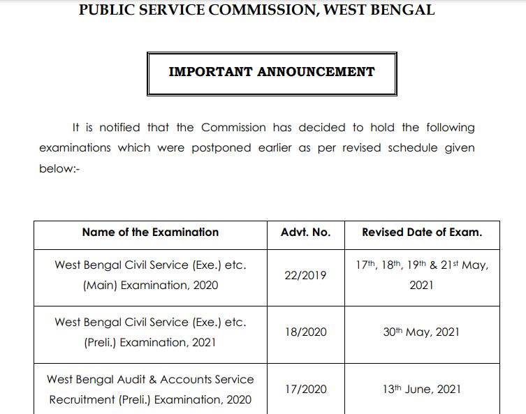 WBPSC Exam Date 2021