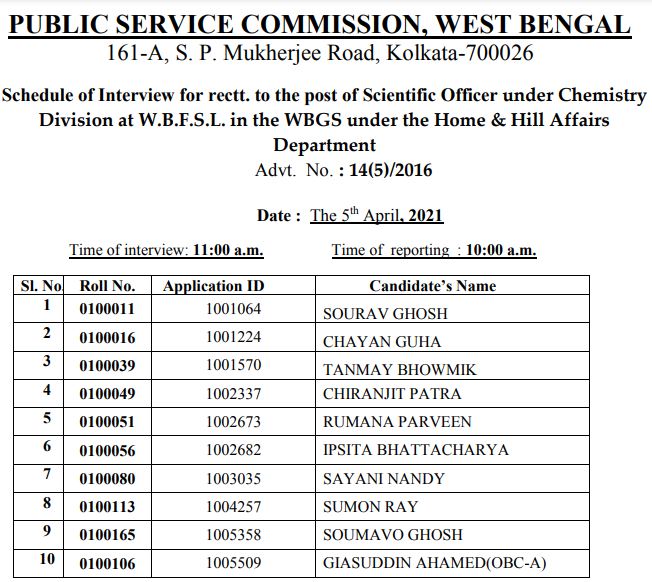 WBPSC Interview Schedule 2021