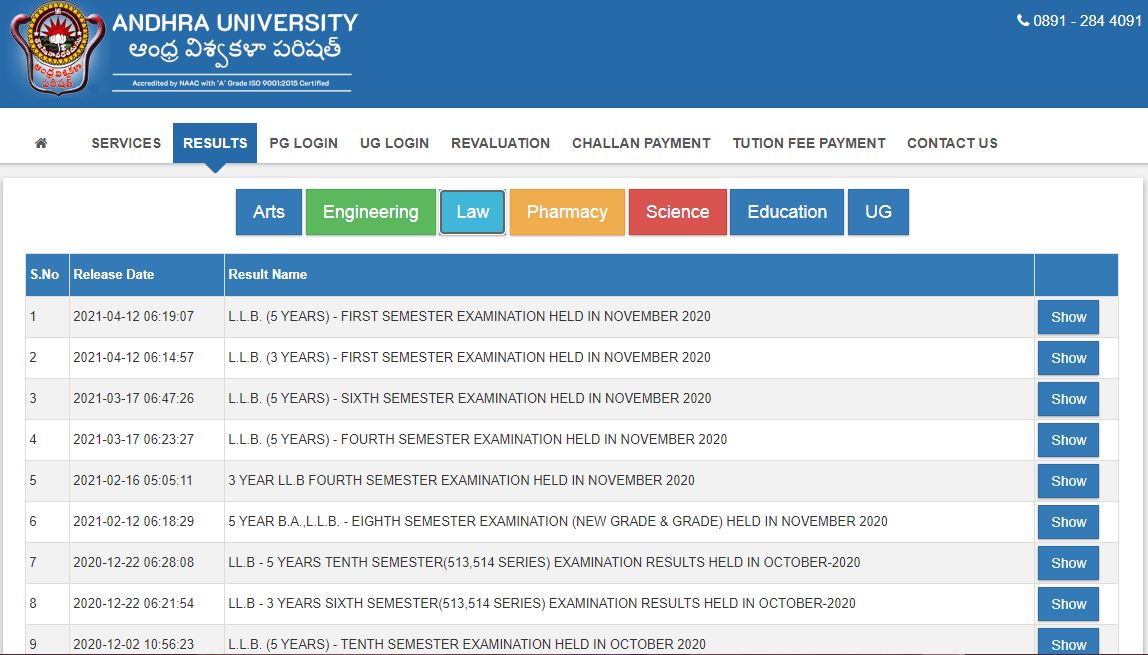 Andhra University Llb Results 2021