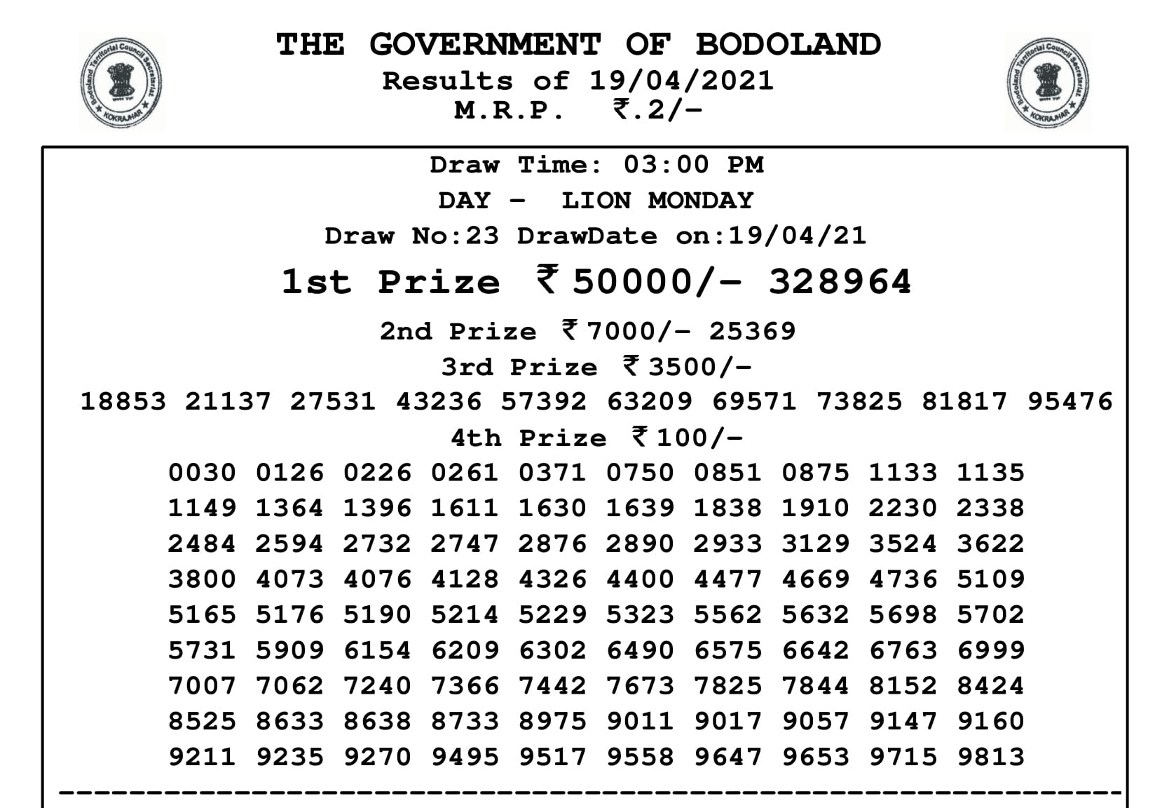 Bodoland Lottery Result Today 19.4.2021 at 3 PM