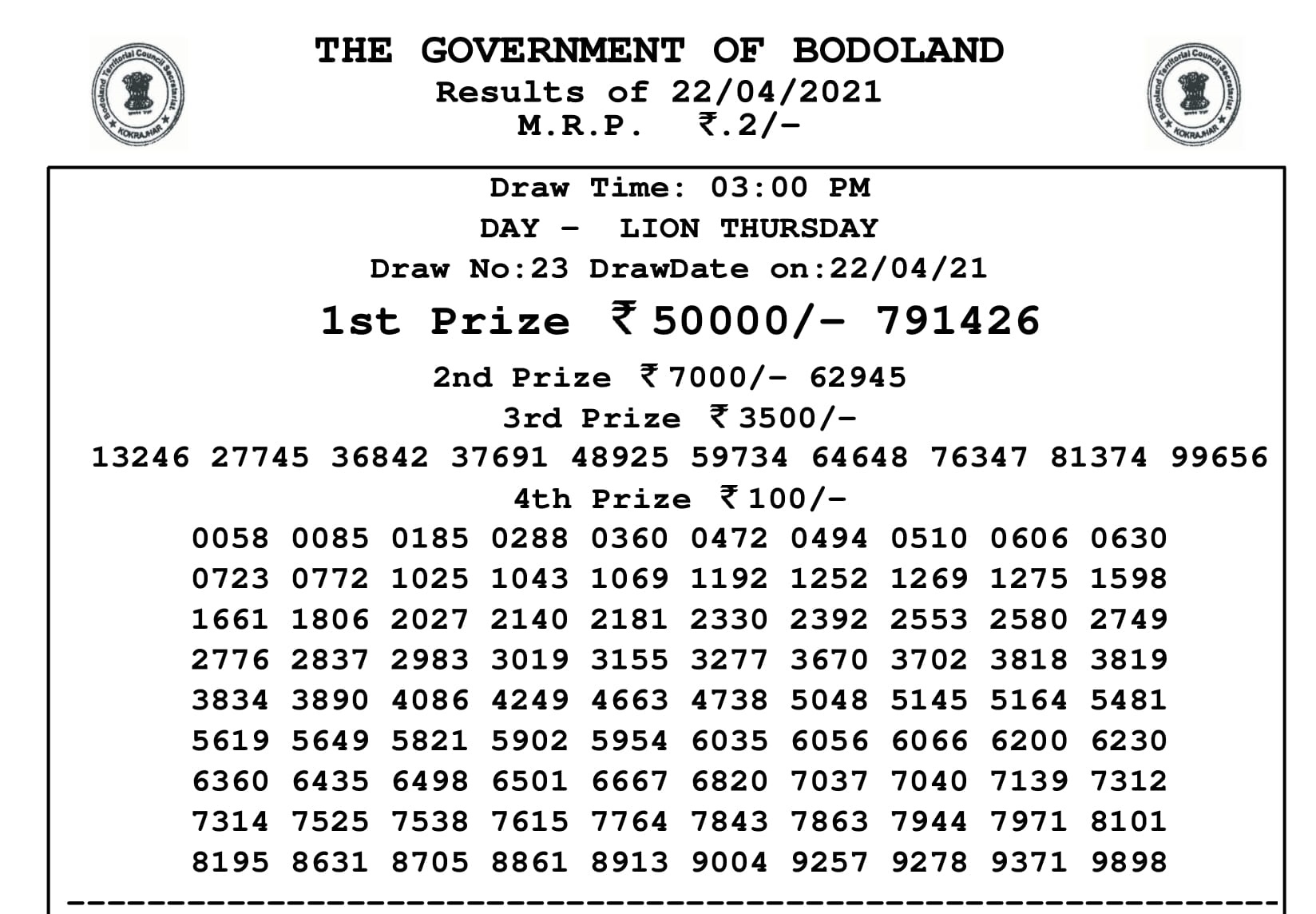 Bodoland lottery Result 22 4 2021
