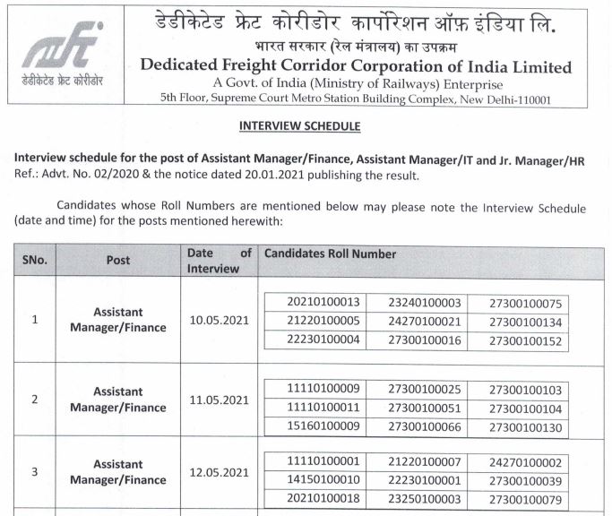 DFCCIL Interview Schedule 2021