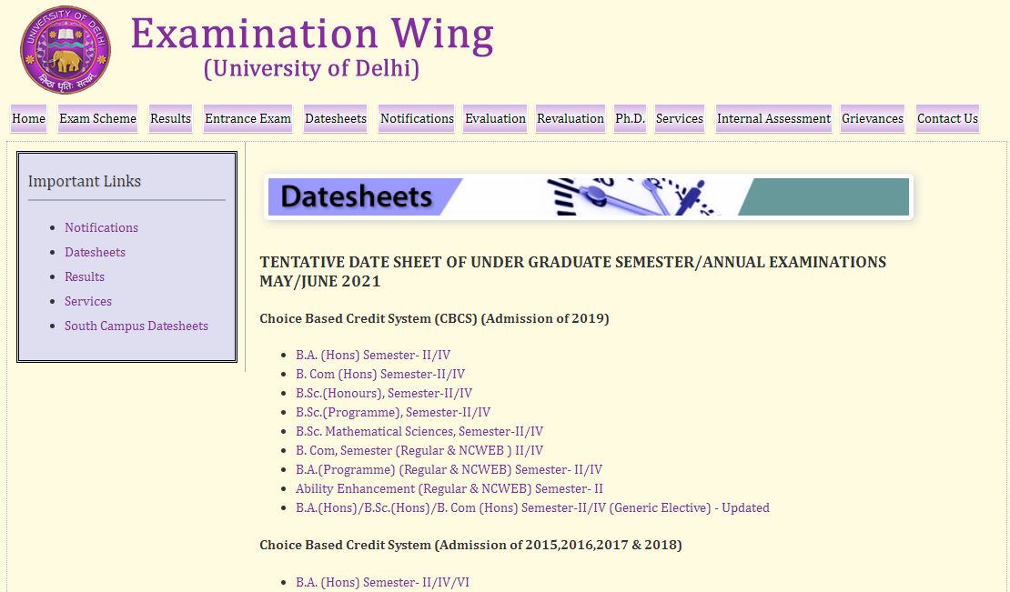 DU UG Semester Date Sheet 2021