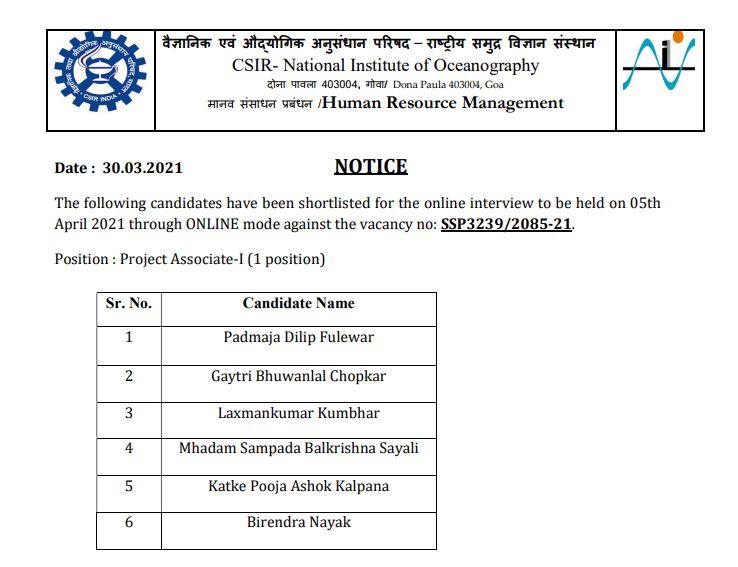 NIO Goa Interview Schedule 2021