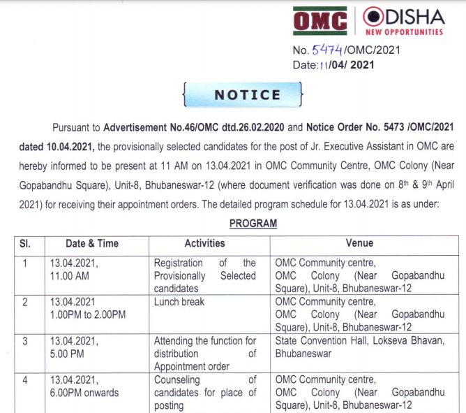 OMC Junior Executive Assistant Result 2021