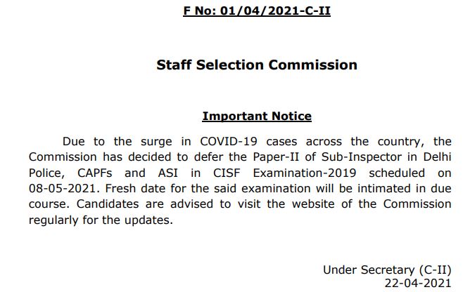 SSC CPO CISF SI, ASI Exam Date 2021 Postponed