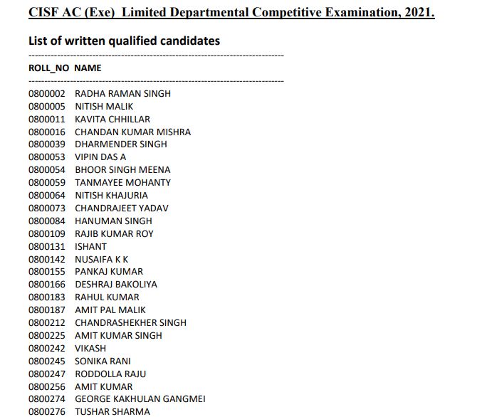 UPSC CISF AC LDCE Result 2021