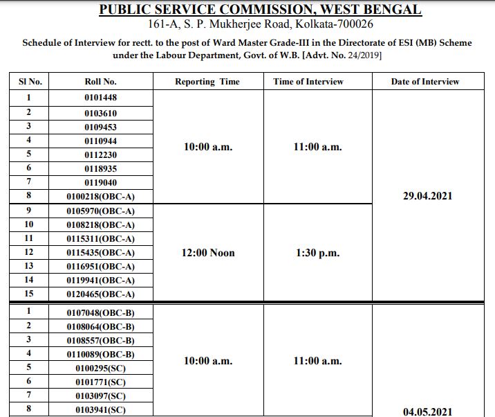 WBPSC Interview Schedule 2021