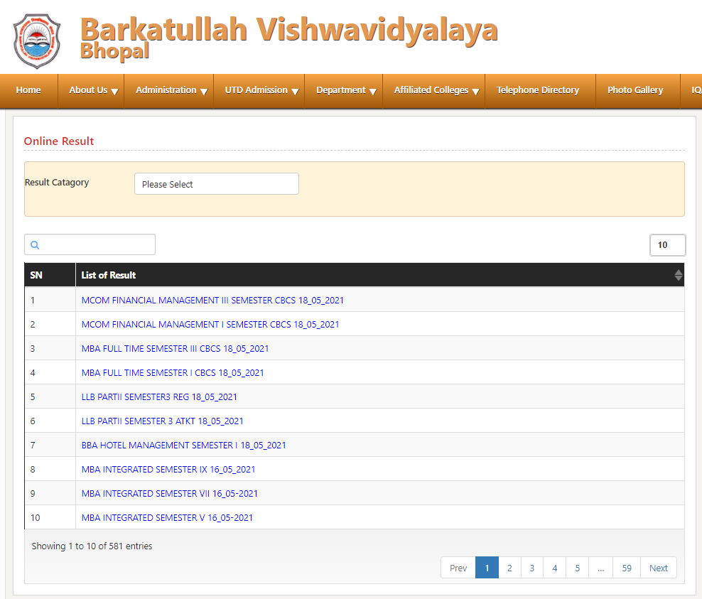 BU Bhopal University Result released