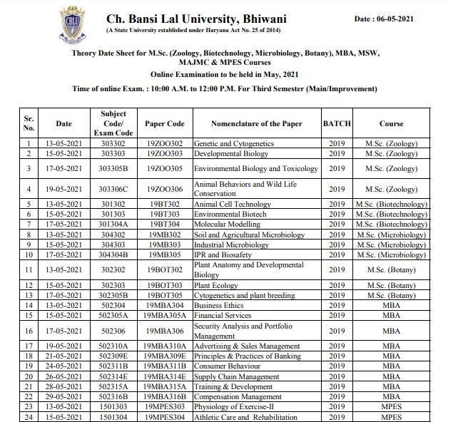 CBLU Date Sheet 2021