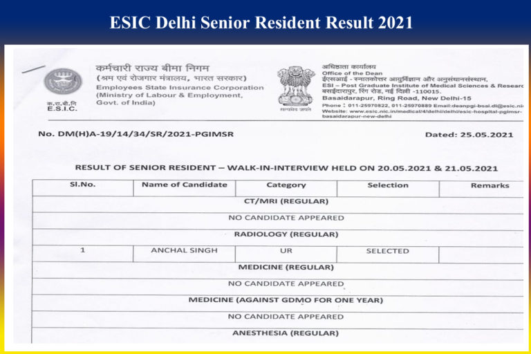 ESIC Delhi Senior Resident Result 2021