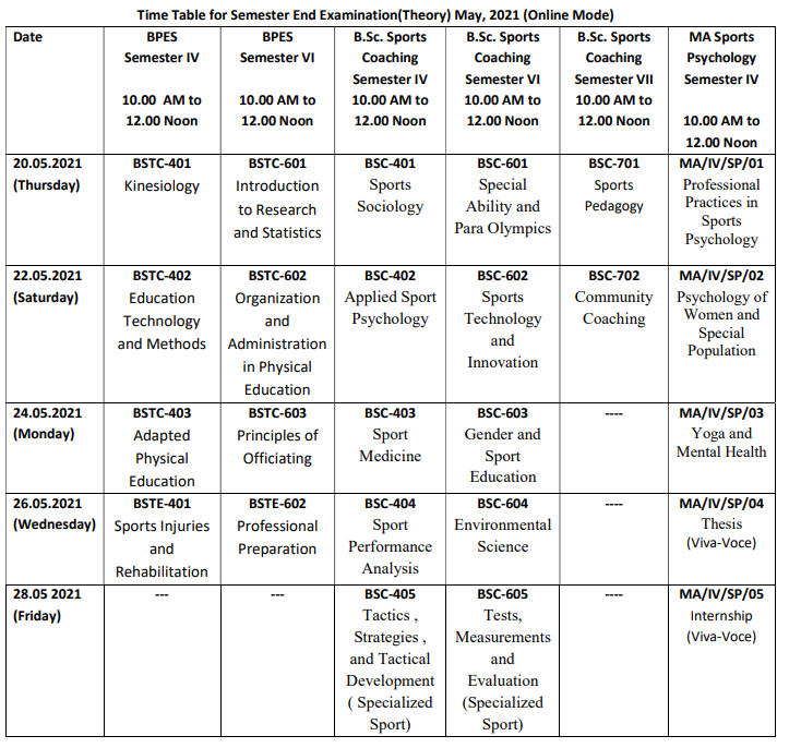 End Semeseter Exam time table