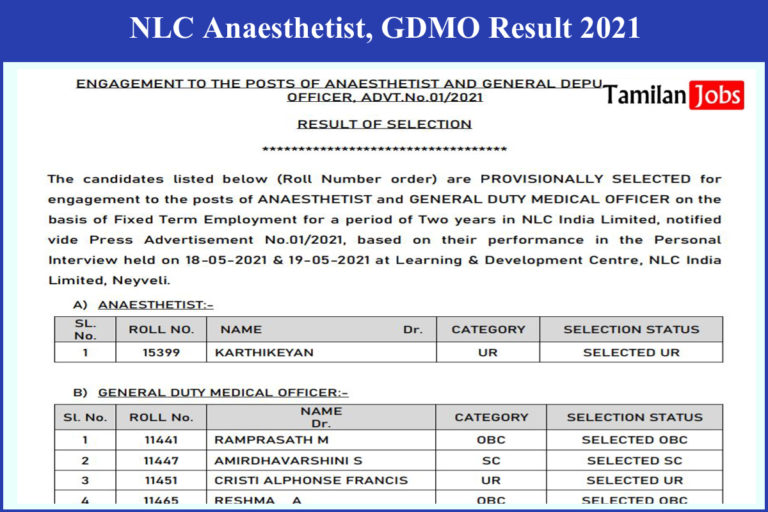 NLC Anaesthetist, GDMO Result 2021