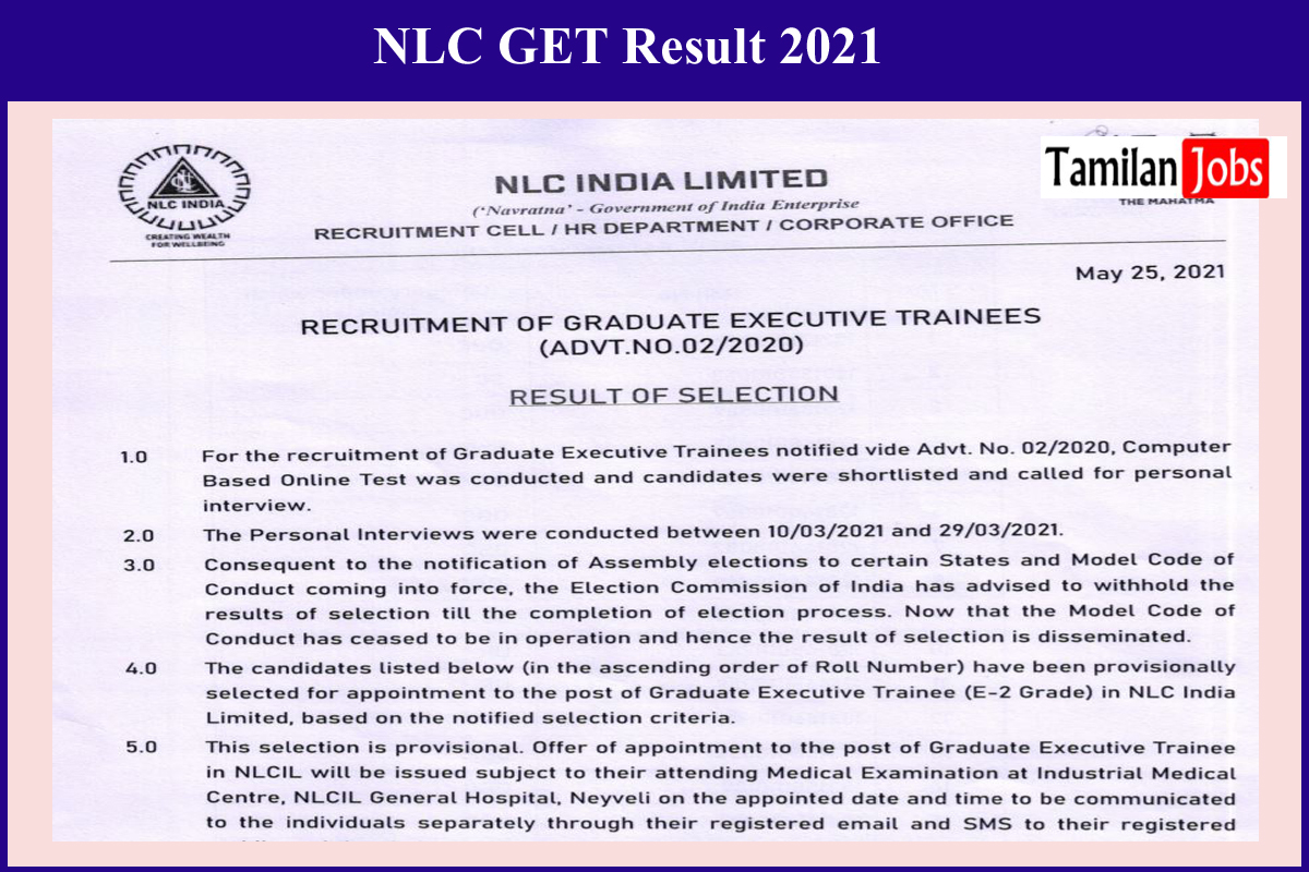 NLC GET Result 2021