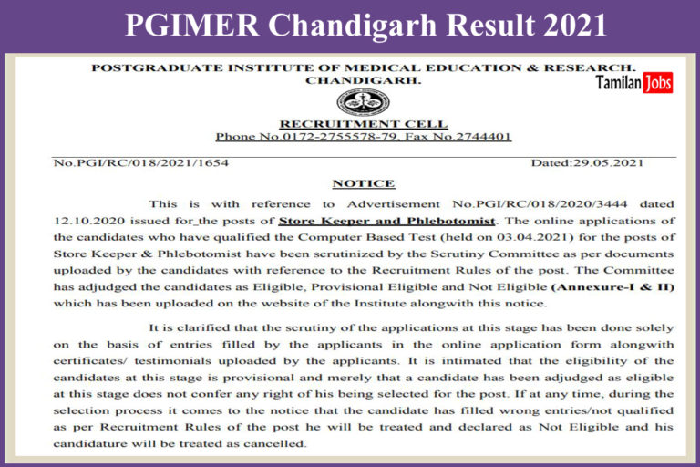 PGIMER Chandigarh Result 2021