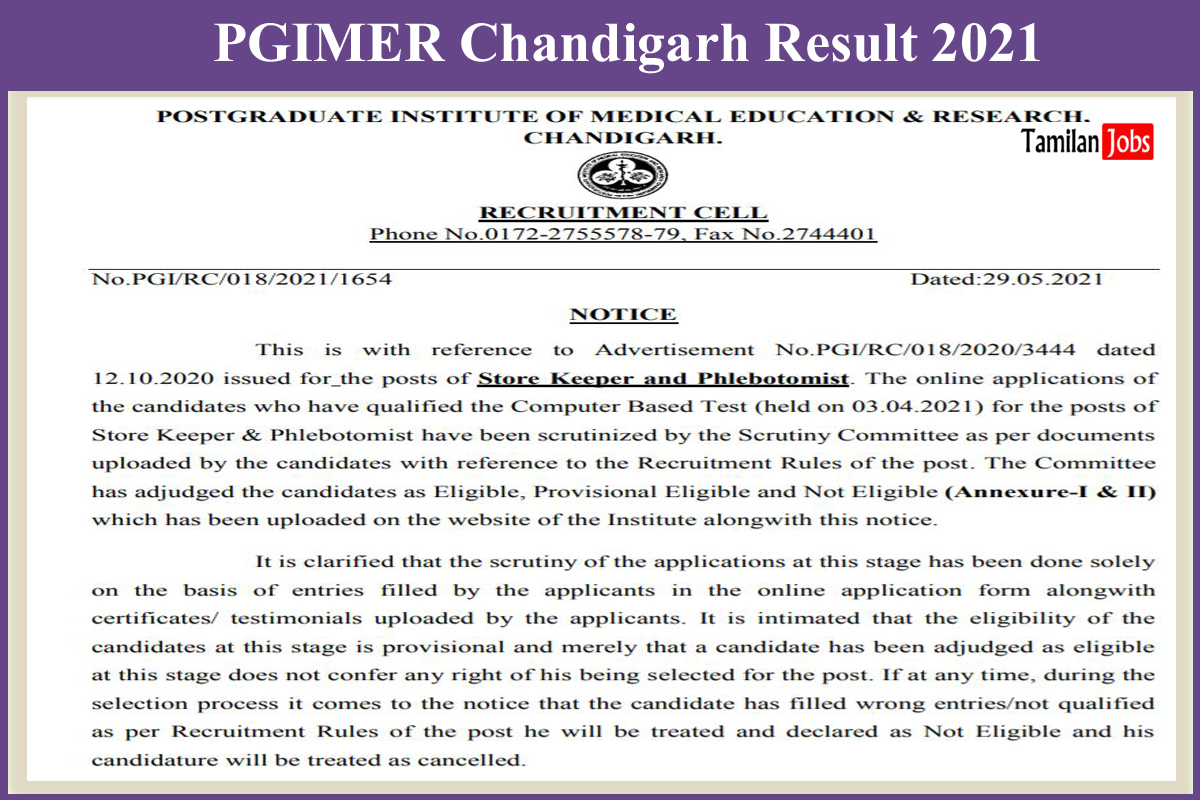 PGIMER Chandigarh Result 2021