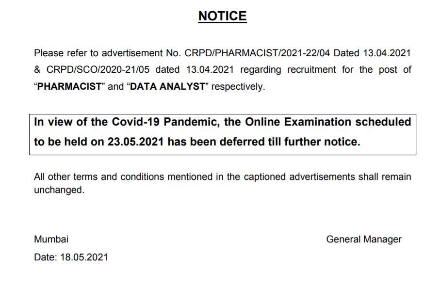 Sbi Pharmacist Postponed Notice