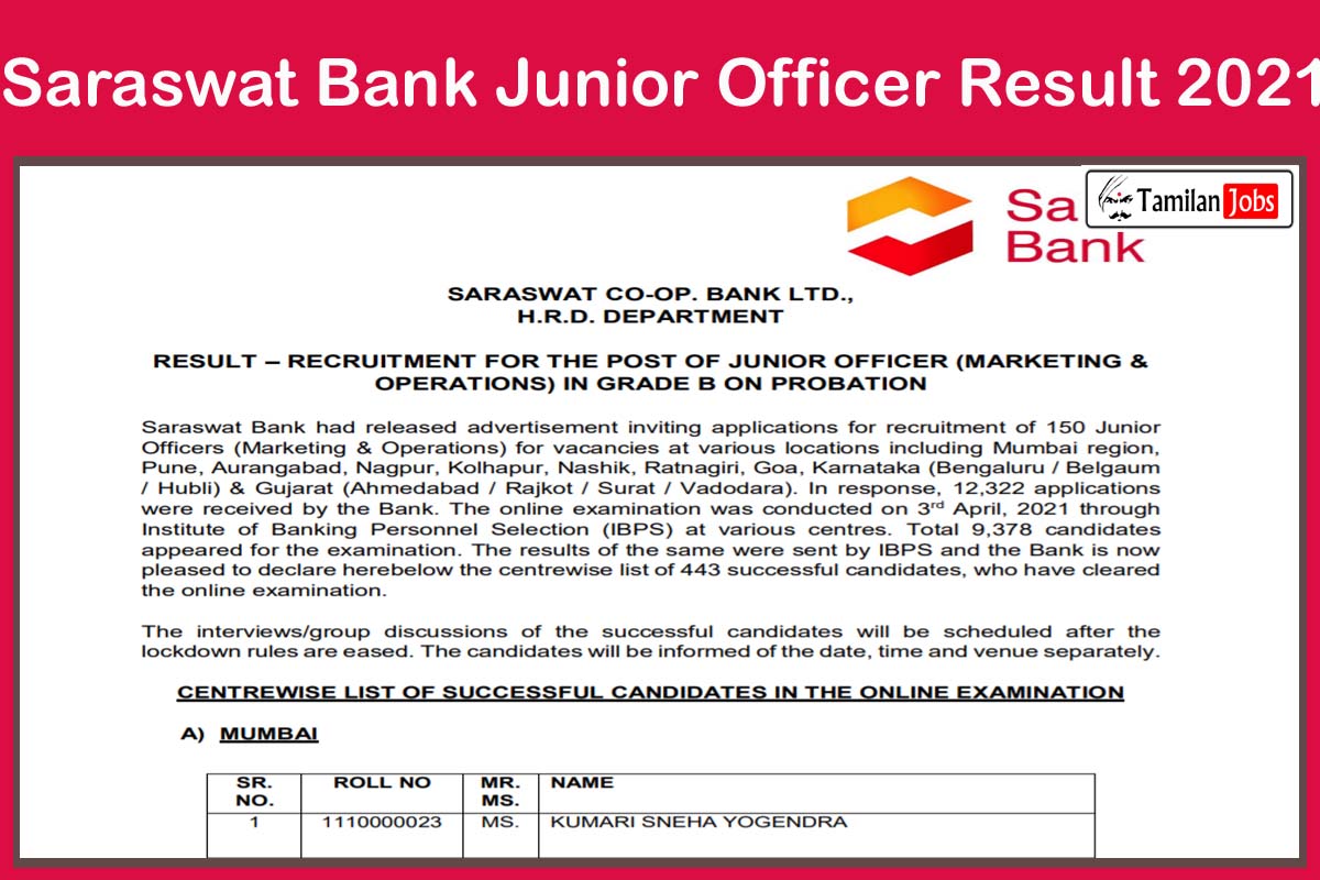 Saraswat Bank Junior Officer Result 2021 - Tamilan Jobs Saraswat Bank Junior Officer Result 2021